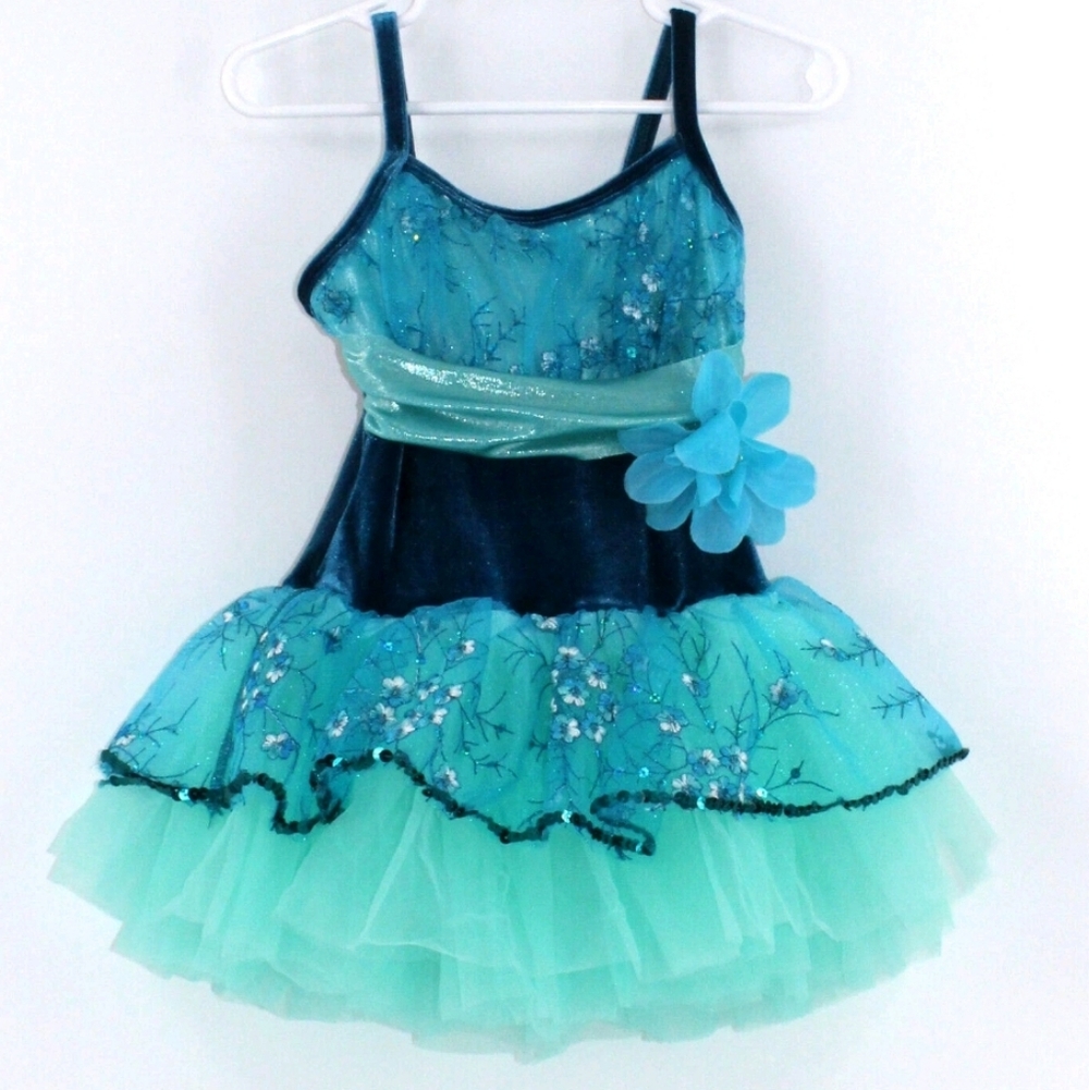 Curtain Call 45351 Sparkling Teal Floral Kids Dance Dress Size CME Ballerina